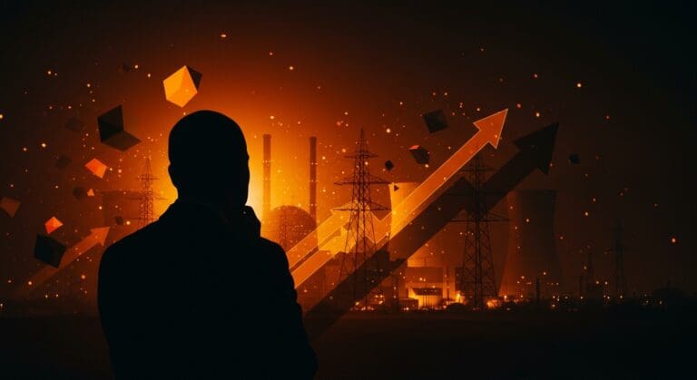 Líder reflexionando sobre la energía nuclear y la transición energética en Alemania con símbolos de costos y seguridad energética.