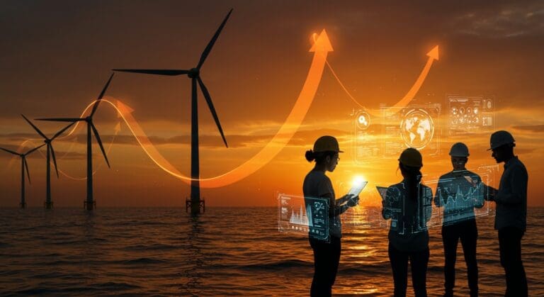 Parque eólico offshore con emprendedores tecnológicos y modernización eléctrica, reflejando el impulso de energía renovable y regulación en EE.UU.