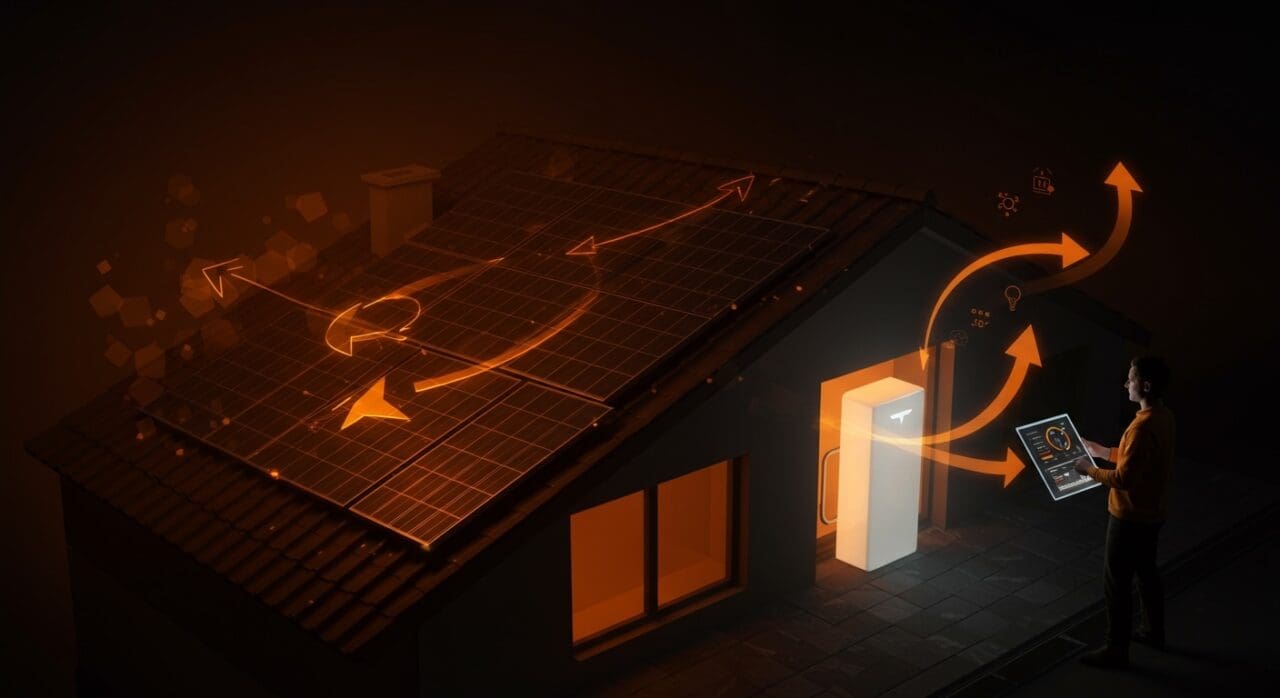 Paneles solares y baterías Tesla Powerwall en un hogar moderno mostrando ahorro energético y retorno de inversión en tecnología doméstica sostenible.