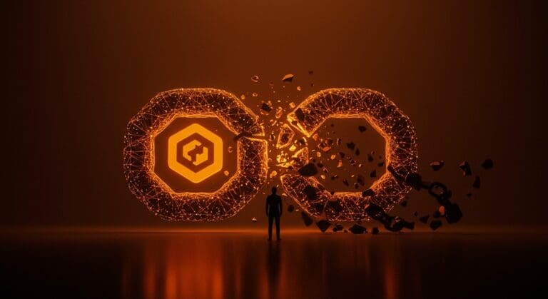 Fundador frente a una blockchain fracturada simbolizando el cierre de la startup de custodia descentralizada en el ecosistema cripto.