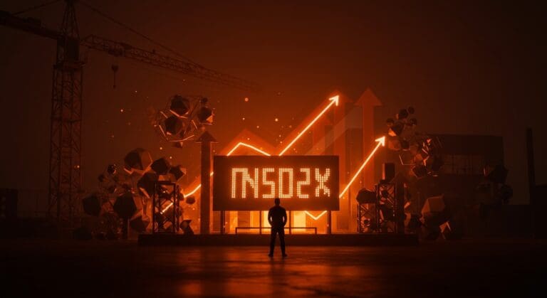 Founder inspirado frente a un ticker digital de Nasdaq con iconografía de construcción y tecnología, representando el éxito de EquipmentShare y el modelo startup en LATAM.