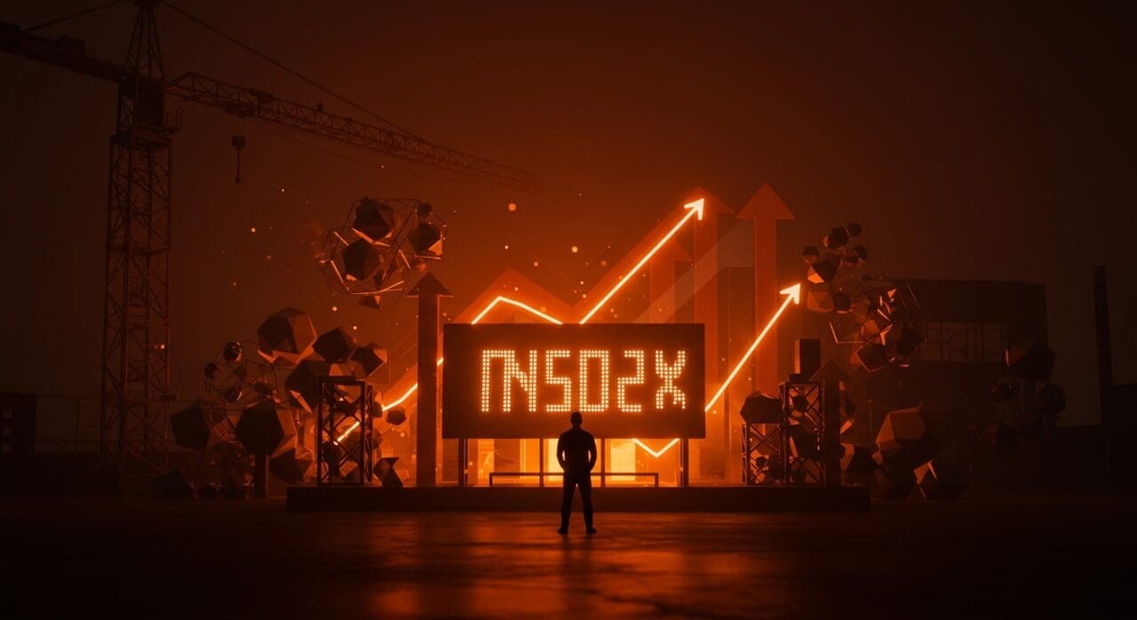 Founder inspirado frente a un ticker digital de Nasdaq con iconografía de construcción y tecnología, representando el éxito de EquipmentShare y el modelo startup en LATAM.