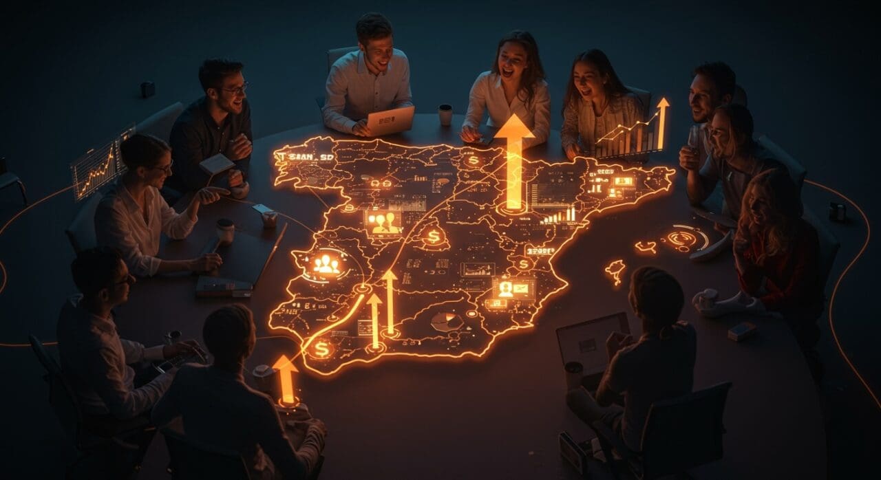 Emprendedores extranjeros colaborando en un ecosistema startup de España, destacando el crecimiento y la financiación en el sector tecnológico.