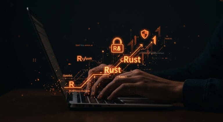 Desarrollador trabajando con OpenSSL y Rust en un entorno digital que representa seguridad informática y criptografía avanzada.