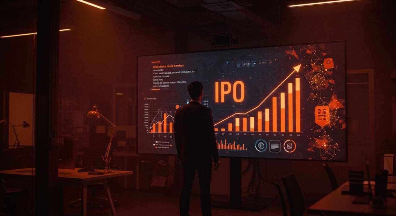 Emprendedor frente a gráficos digitales ascendentes representando la primera IPO tecnológica de Ethos y su impacto en la insurtech latinoamericana.