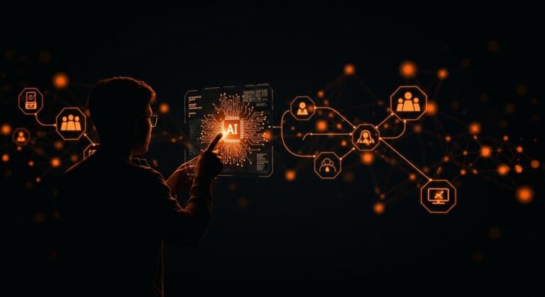 Desarrollador interactuando con interfaz holográfica que muestra ética y desafíos de inteligencia artificial en desarrollo de software.