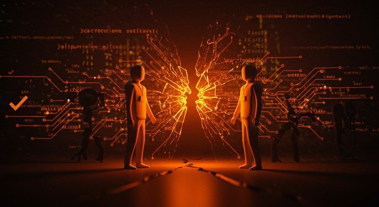 Ruptura ética empresarial entre SparkFun y Adafruit representada con figuras corporativas y símbolos digitales en tonos naranja y negro.