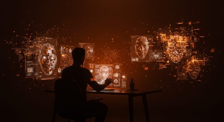 Fundador tecnológico analizando imágenes manipuladas por inteligencia artificial, ilustrando la ética en IA y verificación de datos en startups.