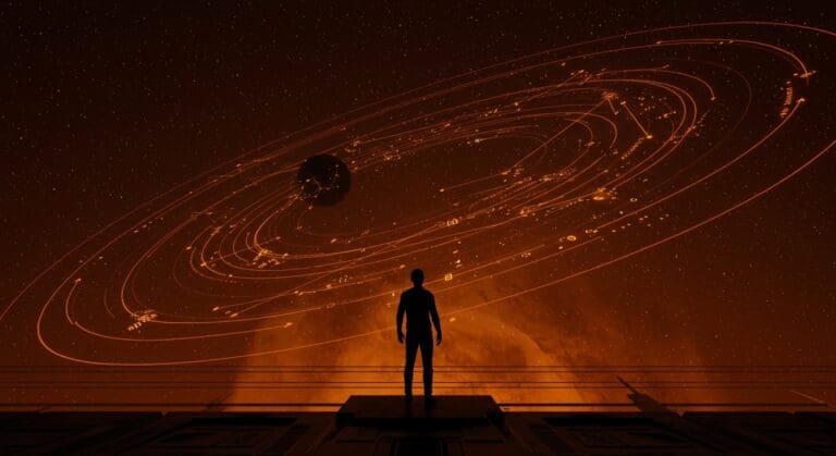 Fundador tecnológico contemplando la exploración espacial ética e innovación tecnológica en un paisaje cósmico digital.