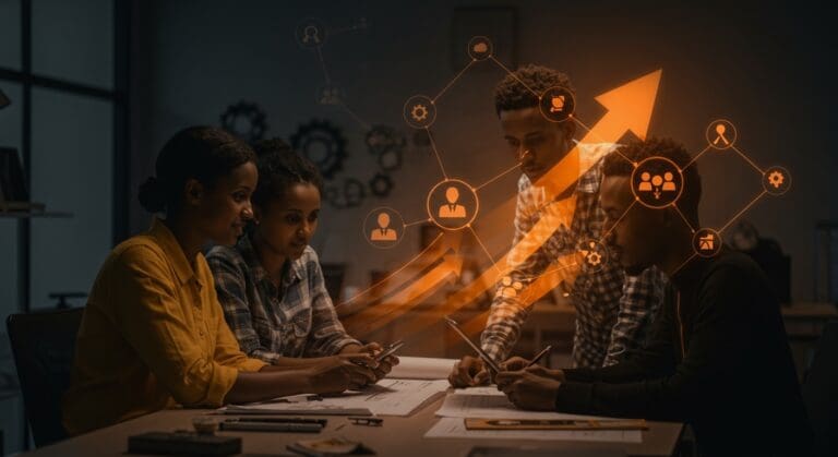 Jóvenes emprendedores etíopes trabajando en enseñanza técnica e innovación en el ecosistema startups.