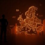 Fundador de startup europeo frente a un mapa digital del EU Inc mostrando escalabilidad y atracción de capital VC en el ecosistema tecnológico.