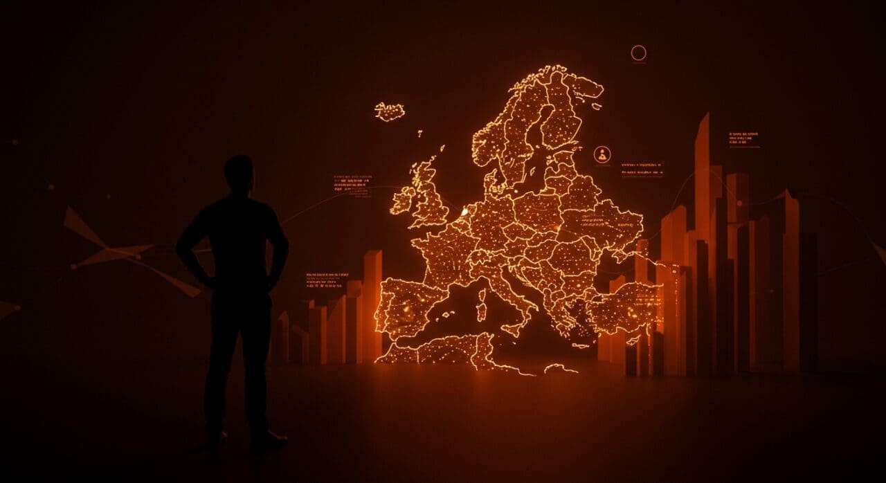 Fundador de startup europeo frente a un mapa digital del EU Inc mostrando escalabilidad y atracción de capital VC en el ecosistema tecnológico.