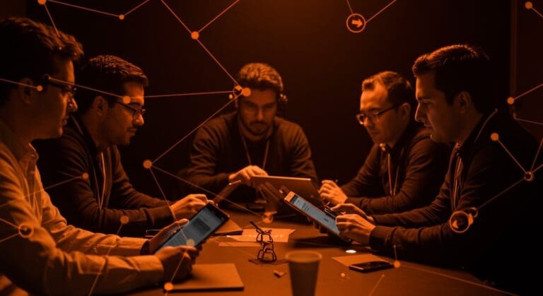 Founders de startups LATAM en reuniones tecnológicas pequeñas, destacando tendencias y networking en eventos tech.