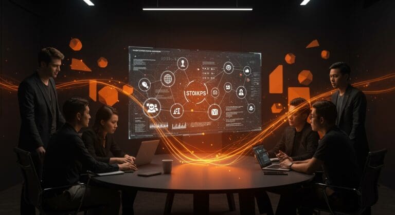 Exalumnos de SpaceX colaborando en holograma digital de startups de tecnología espacial con inversión global destacada.