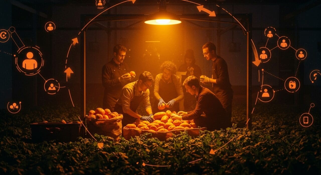 Gestión de excedente agrícola y economía circular en Berlín representada por fundadores innovadores en una granja urbana futurista con iconografía de sostenibilidad e innovación social.