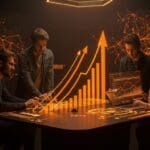 Fundadores de startups argentinas colaborando con proyecciones digitales que representan crecimiento del venture capital y tecnología avanzada en 2026.