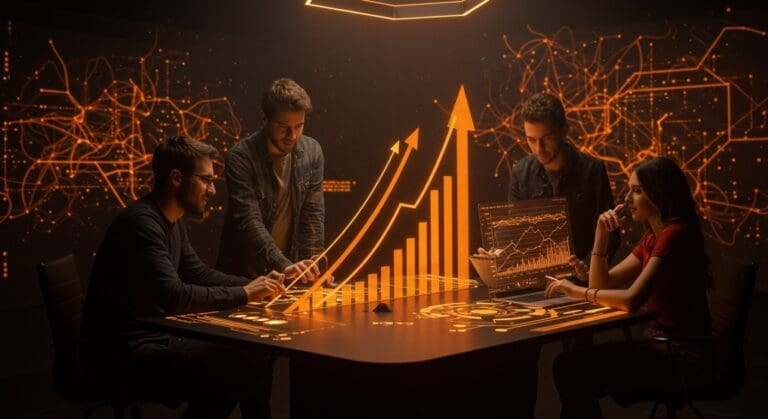 Fundadores de startups argentinas colaborando con proyecciones digitales que representan crecimiento del venture capital y tecnología avanzada en 2026.