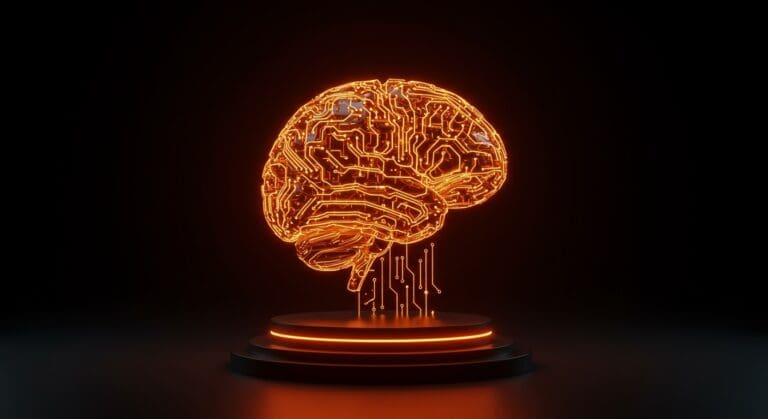Modelo de IA híbrida Falcon H1R 7B visualizado como un cerebro digital iluminado, simbolizando razonamiento lógico y eficiencia para startups tech.