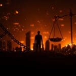 Imagen conceptual que representa los riesgos del fascismo y autoritarismo para startups en economías digitales globales con símbolos de gobernanza y justicia.