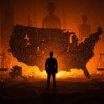 Riesgos autoritarios en startups LATAM representados con símbolos de fascismo y política bajo Trump en un contexto digital y de gobernanza.