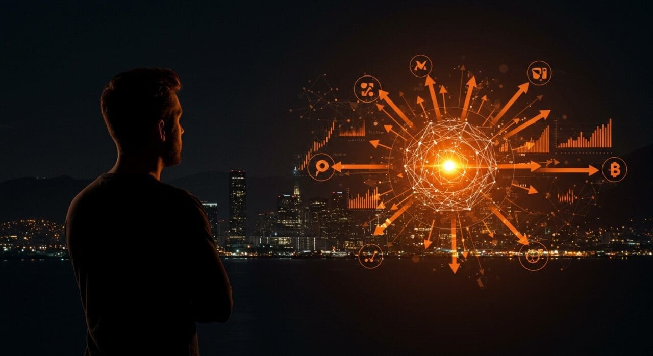 Fundador de startup contemplando modelos alternativos de financiación fuera de Silicon Valley con símbolos visuales de capital riesgo y ecosistemas frontera.