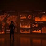 Startup de IA recibiendo financiamiento serie C con visualización de datos y redes neuronales en colores naranja y negro.