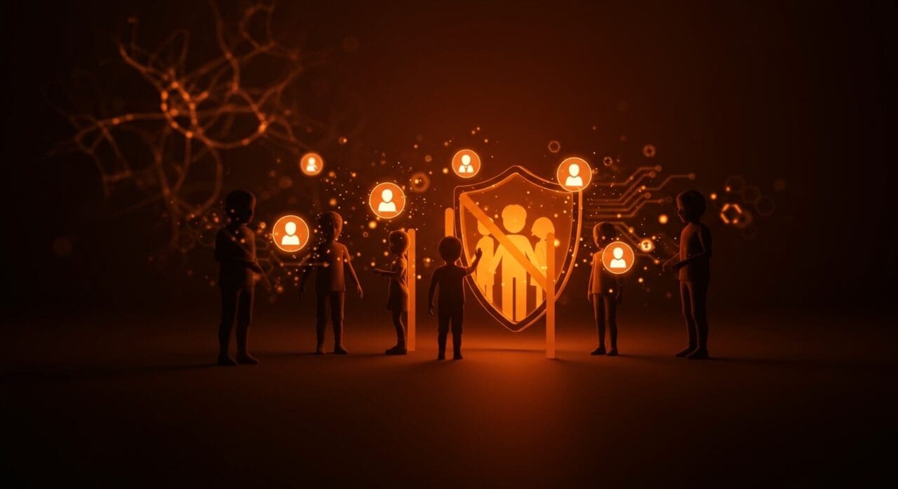 Niños bloqueados por un escudo digital frente a iconos de redes sociales en un contexto de regulación y salud mental en Finlandia.