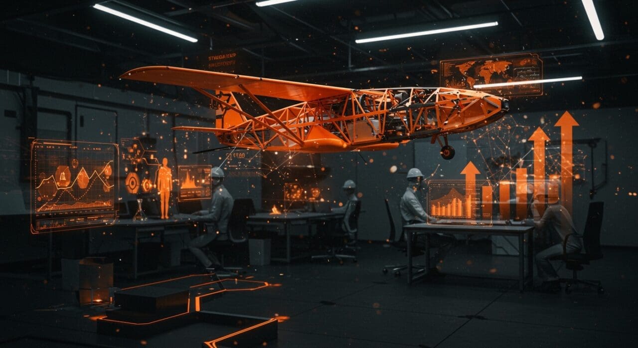 Prototype de avión batiente en laboratorio IA con innovaciones impulsadas por investigación y colaboración con startups tecnológicas.