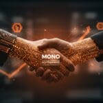 Handshake digital representando la adquisición clave de Flutterwave a Mono en el sector fintech africano y su impacto en startups y funding.