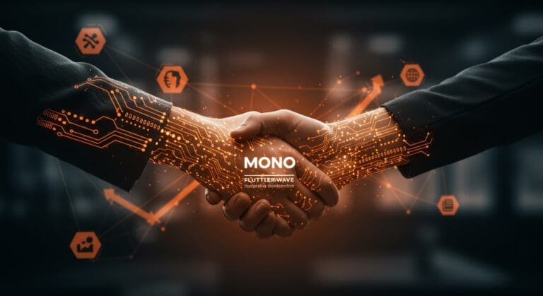 Handshake digital representando la adquisición clave de Flutterwave a Mono en el sector fintech africano y su impacto en startups y funding.