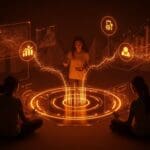 Equipo diverso de fundadores de startups wellness colaborando con tecnología avanzada y apoyo de inversión en un entorno futurista.