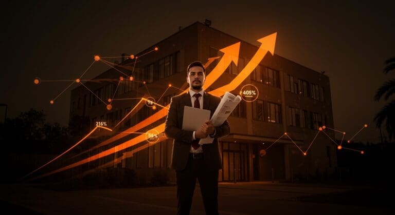 Emprendedor hispano adquiriendo y dirigiendo una empresa PYME mediante fondos de búsqueda, ilustrando oportunidades de funding y liderazgo.