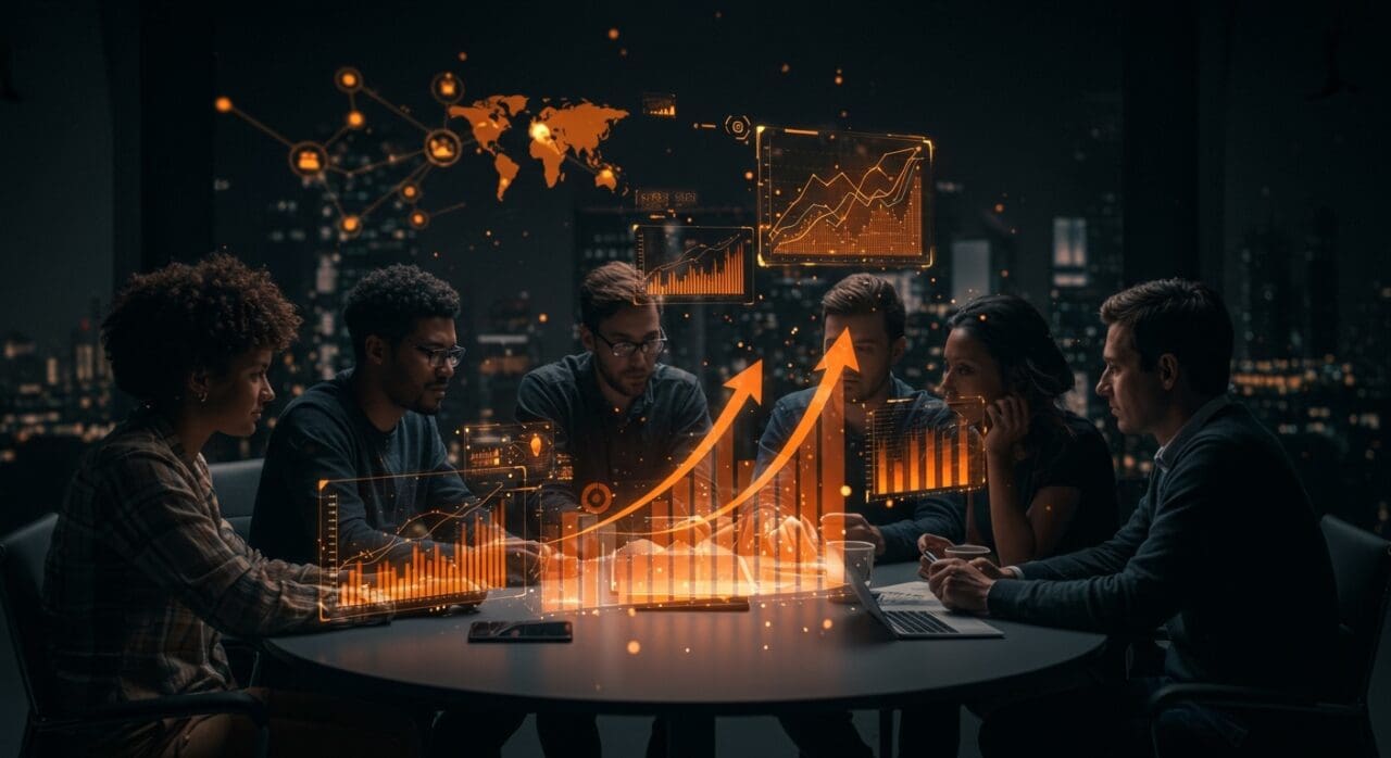 Grupo de founders de startups colaborando con gráficos digitales que representan escalado y crecimiento en el ecosistema tecnológico de TNW Council.