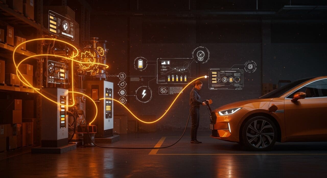 Vehículo eléctrico recargando con baterías inteligentes en startup innovadora para la transición energética flexible.