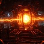 Reactor de fusión nuclear SPARC iluminado con hologramas digitales y flujos de energía naranja, simbolizando avances tecnológicos e inversiones de Nvidia en fusión nuclear.