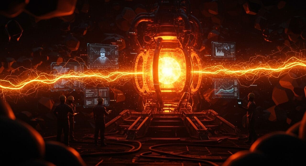 Reactor de fusión nuclear SPARC iluminado con hologramas digitales y flujos de energía naranja, simbolizando avances tecnológicos e inversiones de Nvidia en fusión nuclear.