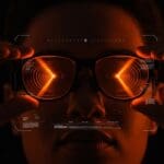 Persona usando gafas inteligentes con autofocus mostrando innovación en tecnología visual y hardware wearable para startups.