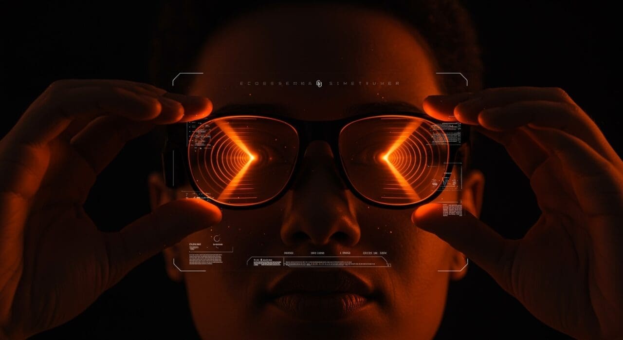 Persona usando gafas inteligentes con autofocus mostrando innovación en tecnología visual y hardware wearable para startups.