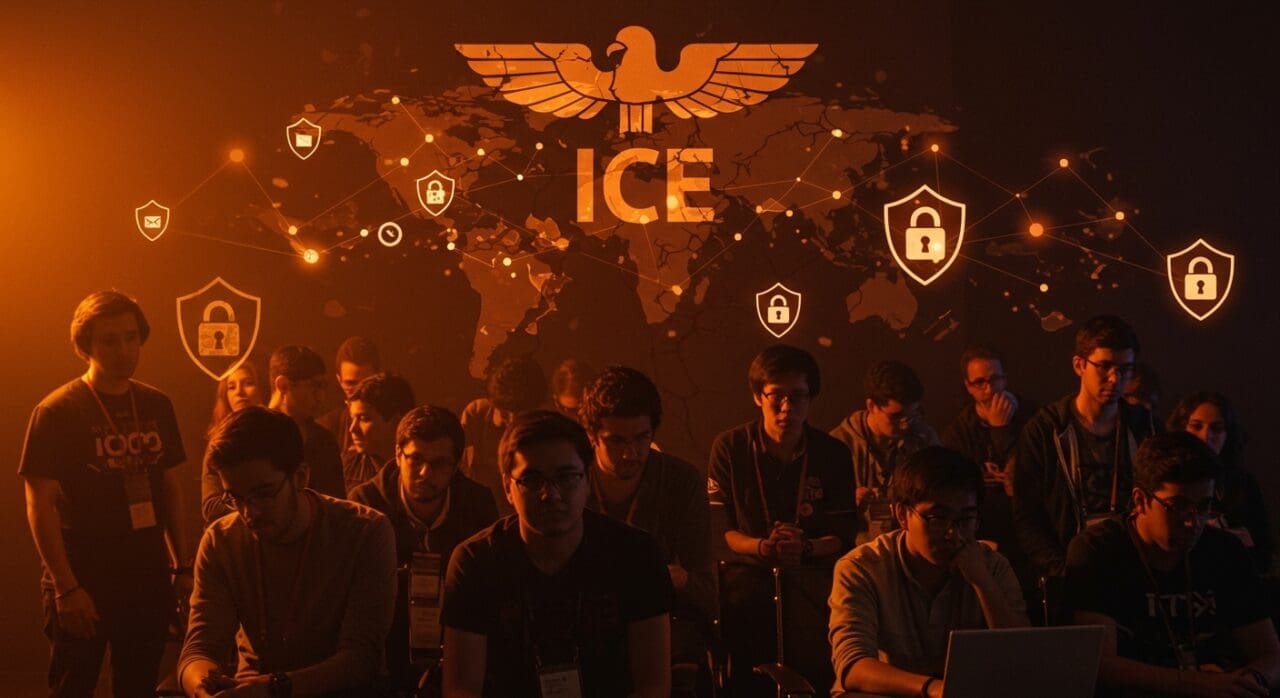Game Developers Conference 2026 con impacto de ICE y desafíos de seguridad reflejados en desarrolladores y símbolos tecnológicos en esquema naranja y negro.