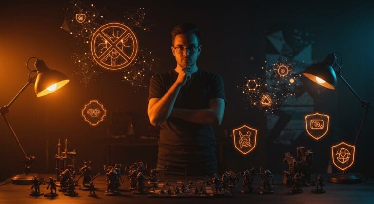 Profesional creativo de juegos de mesa junto a miniaturas Warhammer con símbolos digitales que representan la prohibición de inteligencia artificial y protección de propiedad intelectual en startups tecnológicas.
