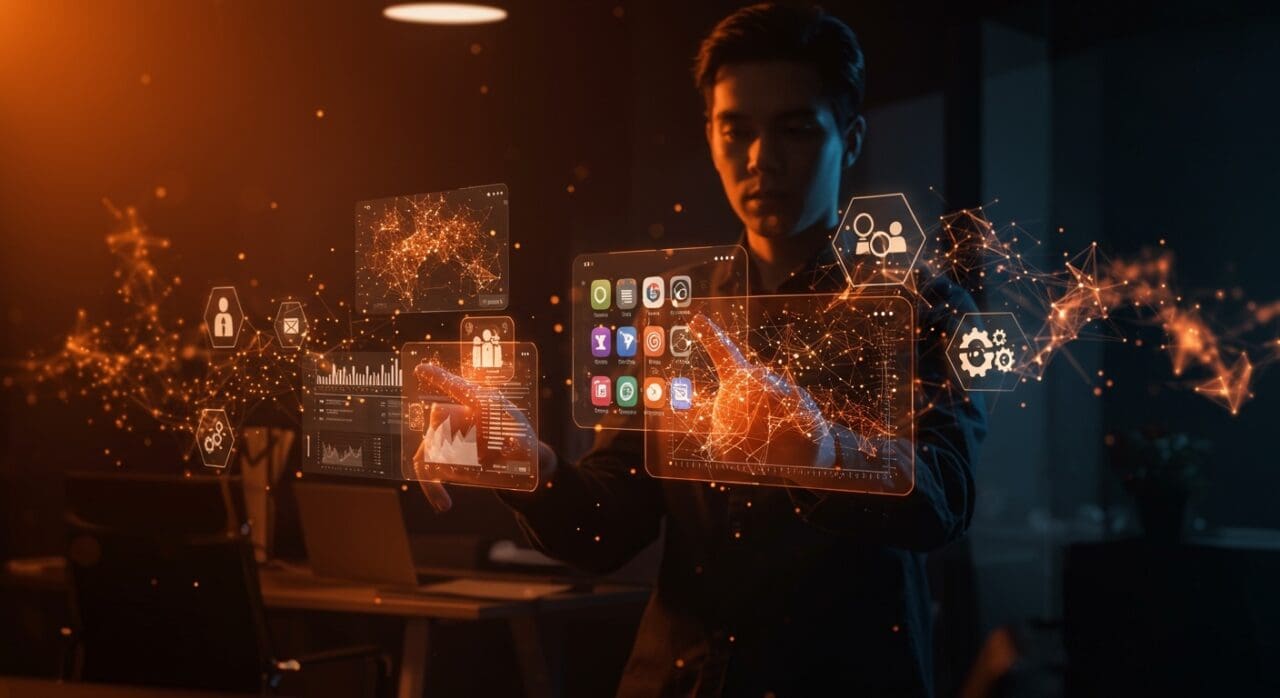 Interacción futurista con apps de Google potenciadas por IA aplicada para respuestas proactivas y automatización.