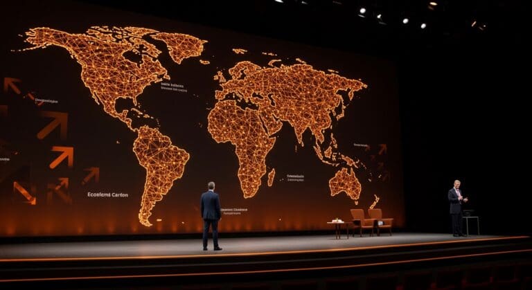 Carney en Davos presentando claves sobre geopolítica y alianzas estratégicas que redefinen la economía global para startups latinoamericanas.
