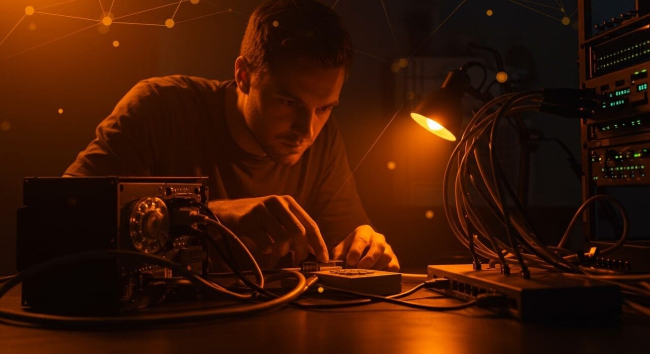 Innovación en redes domésticas con Gigabit Ethernet usando cables telefónicos antiguos, mostrando hardware de red avanzado y optimización de infraestructura.