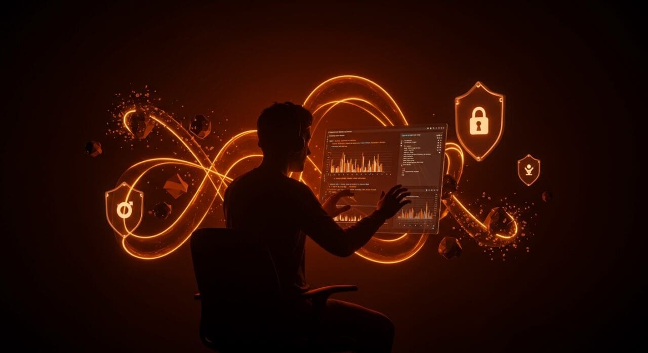 Silhouette de desarrollador backend trabajando en Go 1.26 con visuales de optimización de performance, memoria y seguridad para startups SaaS.