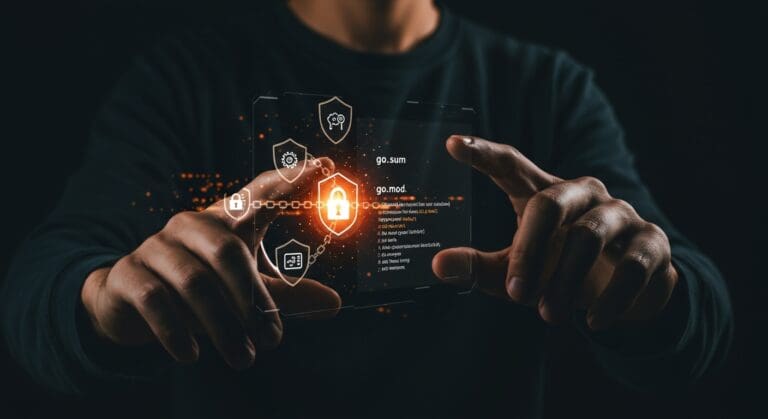 Ilustración editorial de manos programando con go.sum y go.mod en Go, destacando la seguridad y gestión de dependencias en software SAAS.