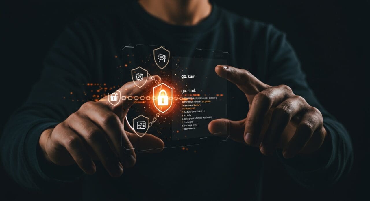 Ilustración editorial de manos programando con go.sum y go.mod en Go, destacando la seguridad y gestión de dependencias en software SAAS.