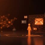 Interfaz holográfica de Google AI integrando Gmail y Google Photos para IA aplicada en startups, enfocando automatización e inteligencia artificial.