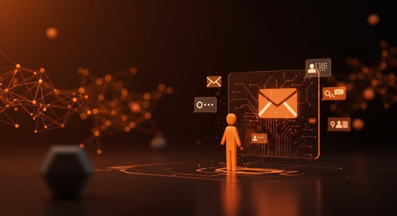 Interfaz holográfica de Google AI integrando Gmail y Google Photos para IA aplicada en startups, enfocando automatización e inteligencia artificial.