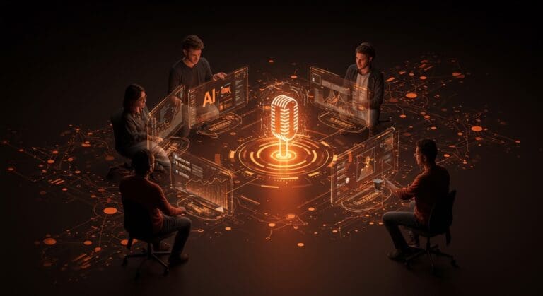 Equipo de startups tech colaborando con tecnología de IA de voz de Google y Hume AI en innovación y tendencias.