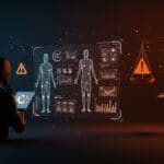 Google y la IA en salud ilustrados con interfaz médica holográfica y símbolos de ética y validación en tecnología de inteligencia artificial.